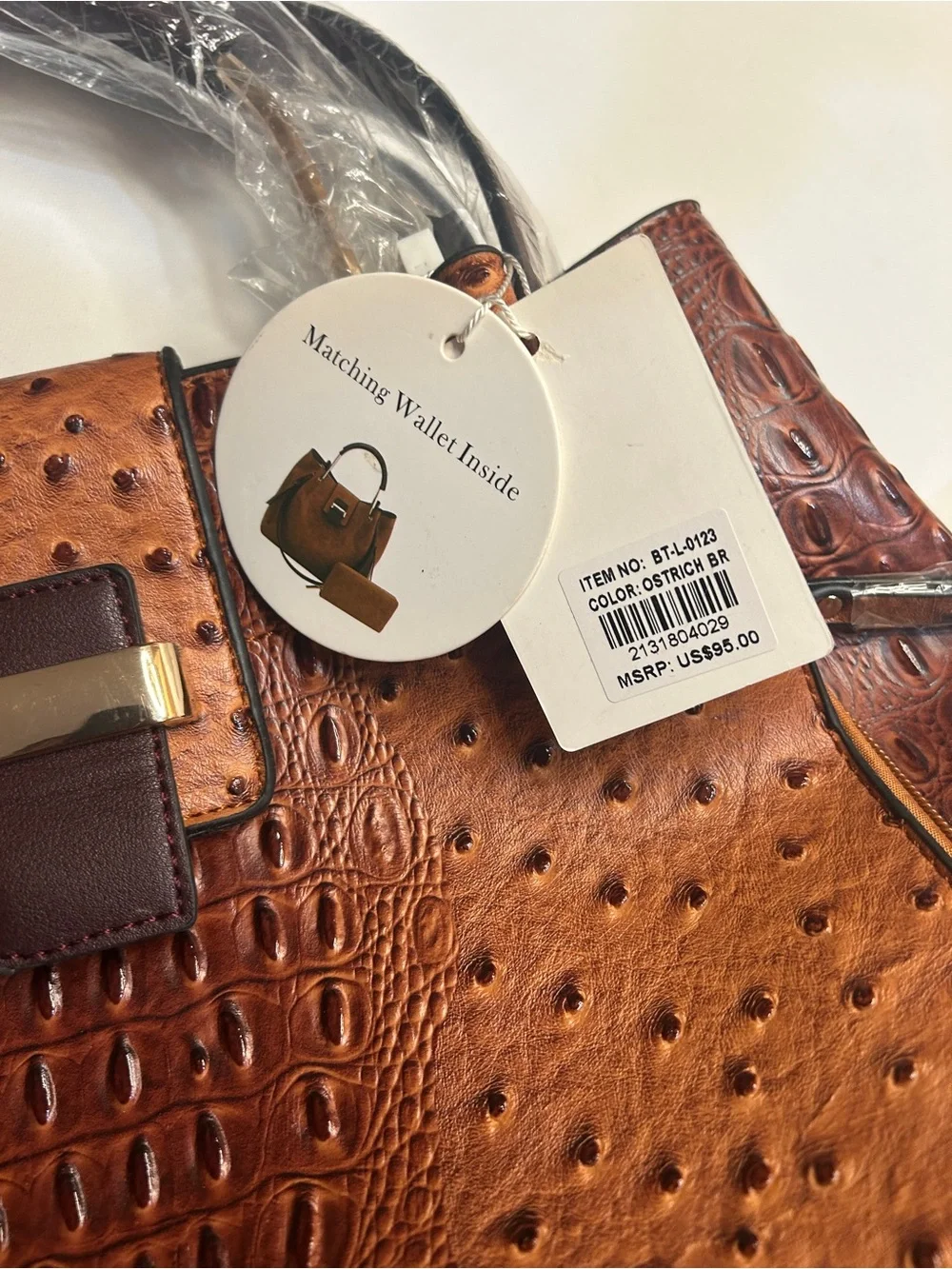Valentina Silva Ostrich Embossed Satchel Handbag & Matching Wallet Set Brown NWT
